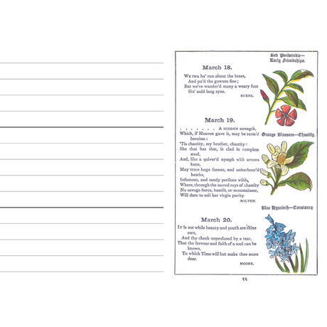 Page from a book with text and illustrations of flowers on March 18, 19, and 20.