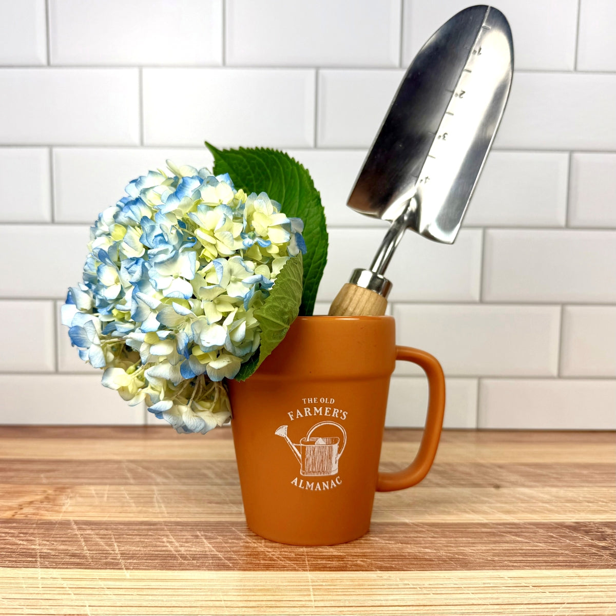 terracotta style mug with 'The Old Farmer's Almanac' logo and vintage watering can graphic with hydrangea blossoms and a garden trowel in it
