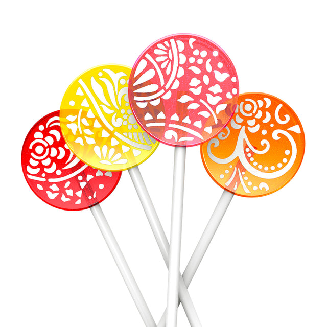 4 colorful lollipops with white decor fanned to show their spectrum of color between flavors