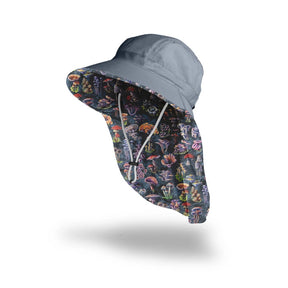 a slate blue sun hat with neck flap for additional sun protection with multicolor mushroom print on the inside of the hat