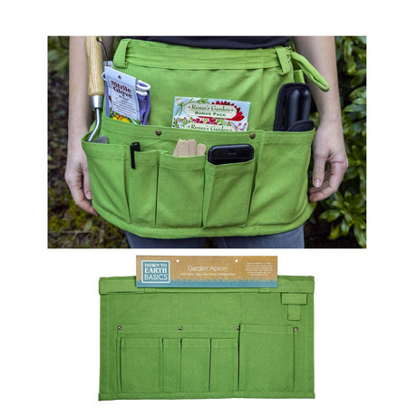 Green gardening apron with pockets held by a person, with a close-up of the apron below.