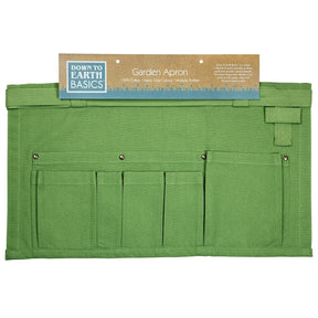 Green garden apron with multiple pockets on a white background, featuring 'Down to Earth Basics' branding.