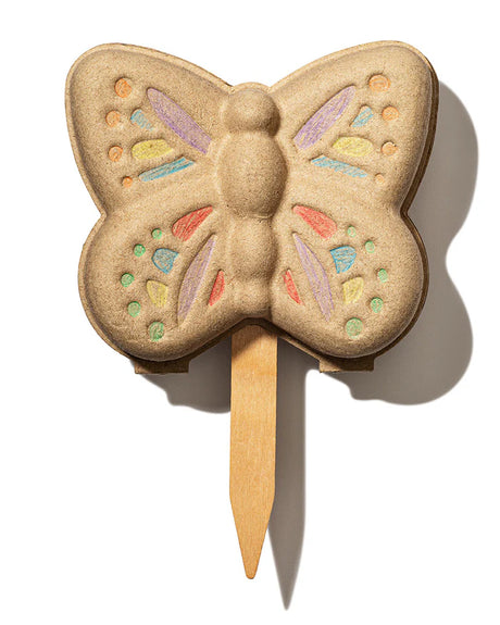 Butterfly-shaped garden stake with a wooden stand on a white background