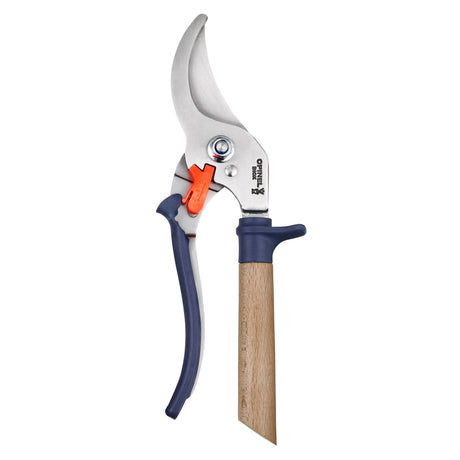 Pruning shears with a wooden handle on a white background