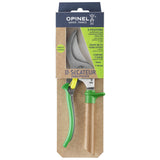 Opinel garden shears with green handles in packaging on a white background