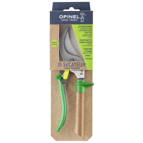 Opinel garden shears with green handles in packaging on a white background