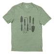 a light green tee shirt with hand drawn illustration of five common garden tools