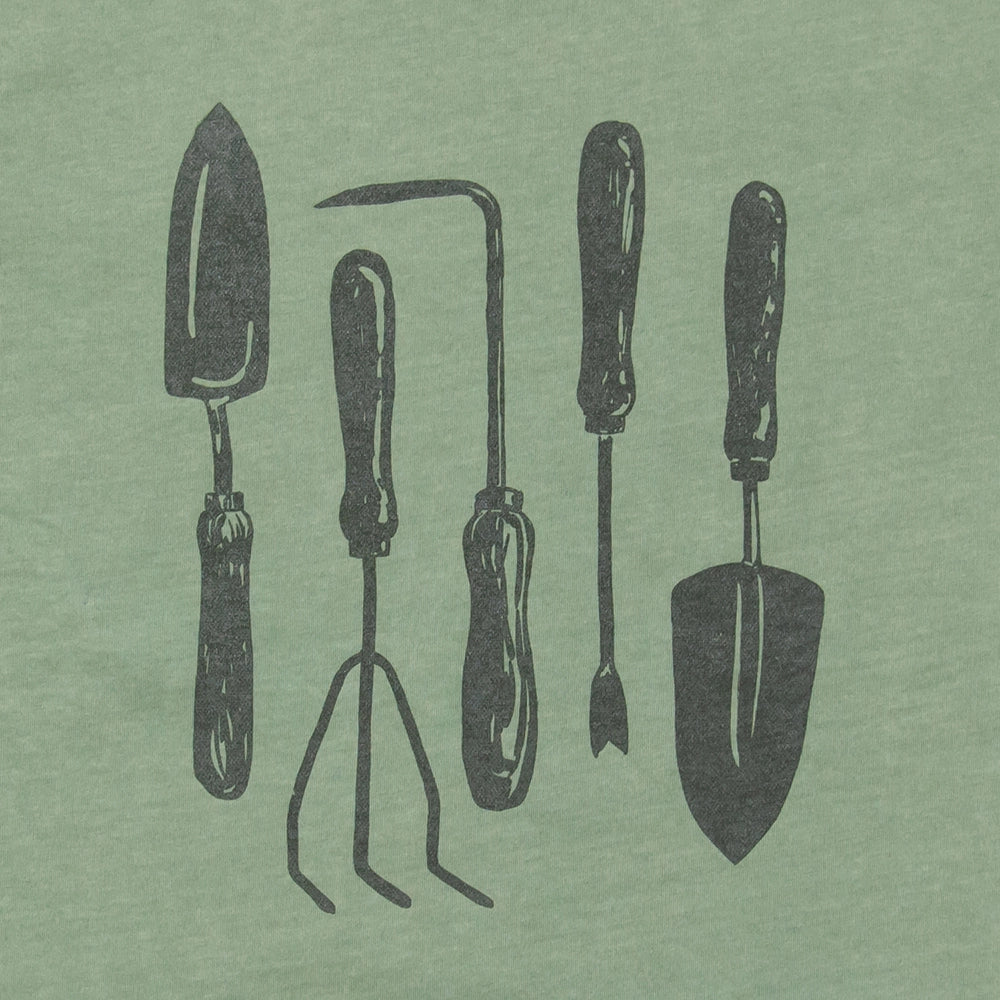 a close up of the garden tools tee design showing the hand drawn garden tools up close