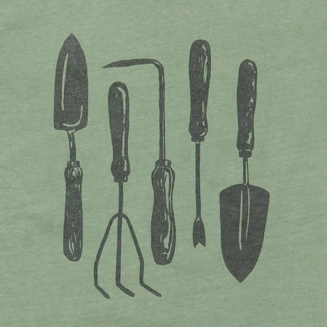 a close up of the garden tools tee design showing the hand drawn garden tools up close