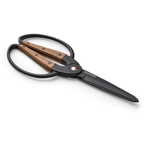 black, stainless-steel garden scissors with walnut handle against a white background shown laid flat
