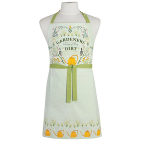 Gardening-themed apron with text and illustrations on a mannequin against a white background