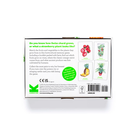Cardboard game box with illustrations of fruits and plants on a white background