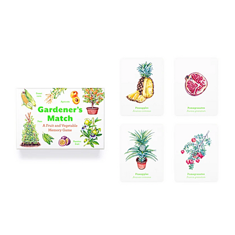 Gardener's Match game box with pineapple and pomegranate illustrations on a white background