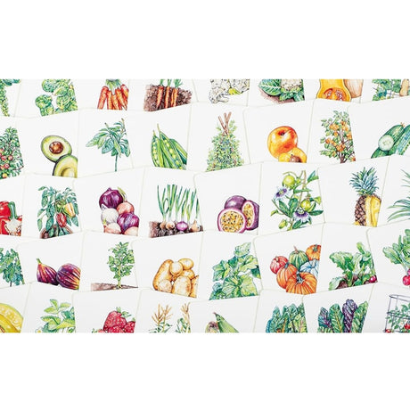 Collection of cards with colorful illustrations of fruits and vegetables on a white background
