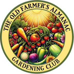 The Old Farmer's Almanac Gardening Club round badge with a shining sun above a bounty of freshly harvested produce