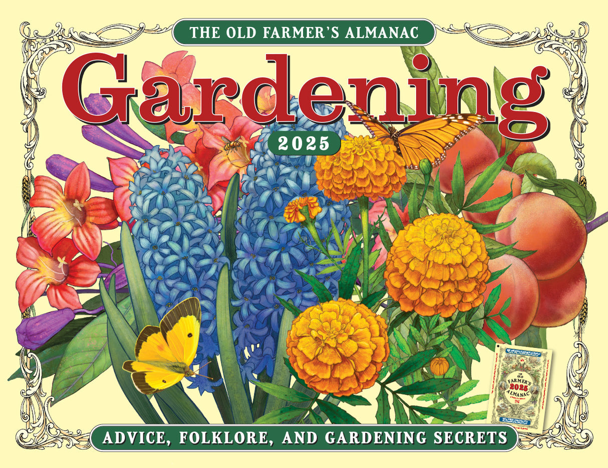 the cover image of the 2025 Old Farmer's Almanac Gardening Calendar featuring flowers in bloom and butterflies