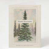 a greeting card with a vintage illustration of a balsam fir with the text "Happy Holidays"