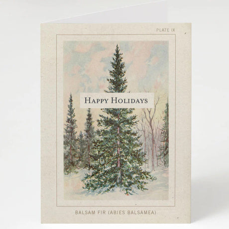 a greeting card with a vintage illustration of a balsam fir with the text "Happy Holidays"