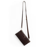 A dark brown leather crossbody bag with a long adjustable shoulder strap and silver-tone hardware, shown against a plain white background.