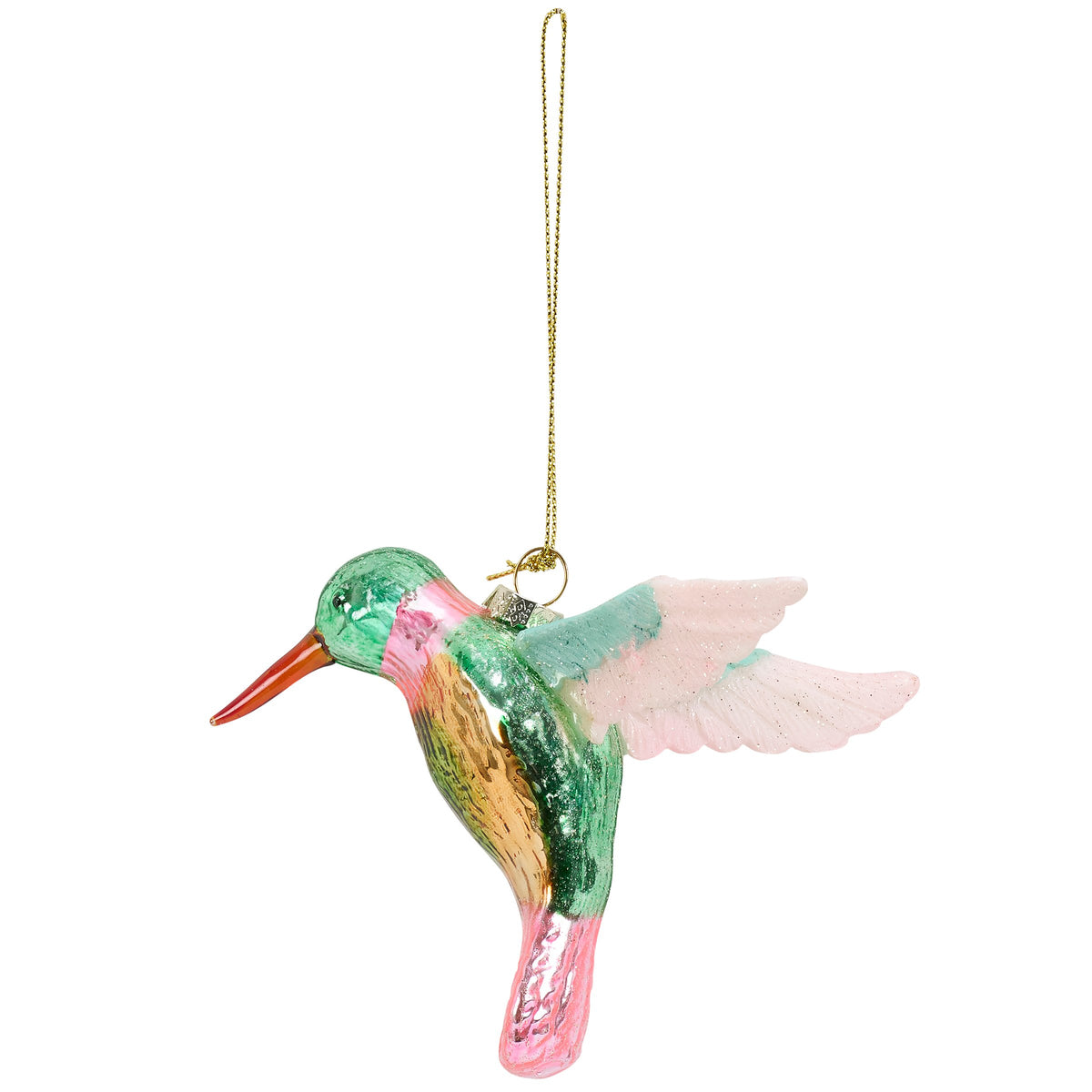 Decorative glass hummingbird ornament on a white background