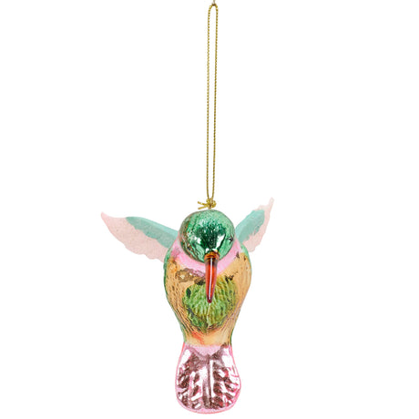 Decorative glass hummingbird ornament on a white background