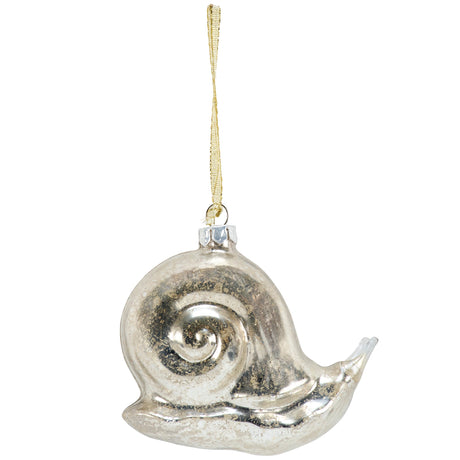 A silver metallic snail-shaped Christmas ornament with a gold hanging ribbon, shown against a plain white background.