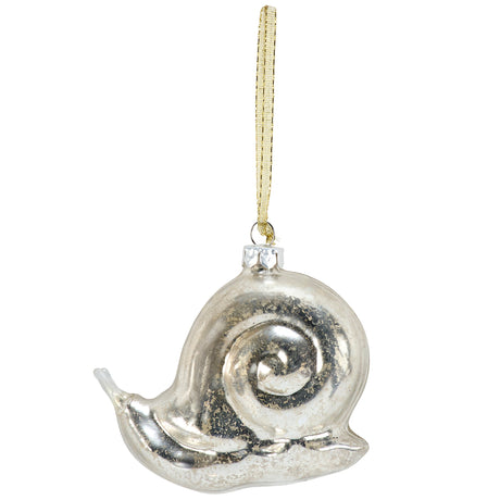 A silver metallic snail Christmas ornament with a gold hanging ribbon, shown against a plain white background.