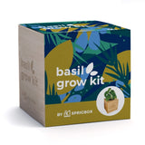A square product box for a basil grow kit by SPRIGBOX, featuring a tropical leaf pattern in navy, teal, and mustard yellow on the top and front panels, with a light wood-grain side panel and white text.