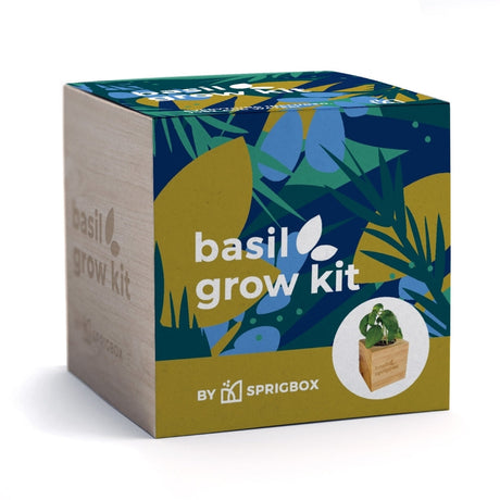 A square product box for a basil grow kit by SPRIGBOX, featuring a tropical leaf pattern in navy, teal, and mustard yellow on the top and front panels, with a light wood-grain side panel and white text.