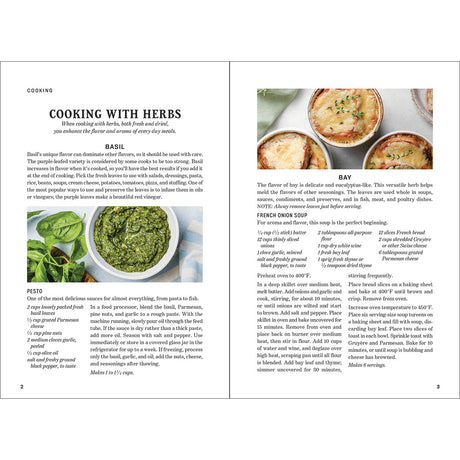Guide to Herbs interior page featuring text on cooking with herbs and images of dishes.