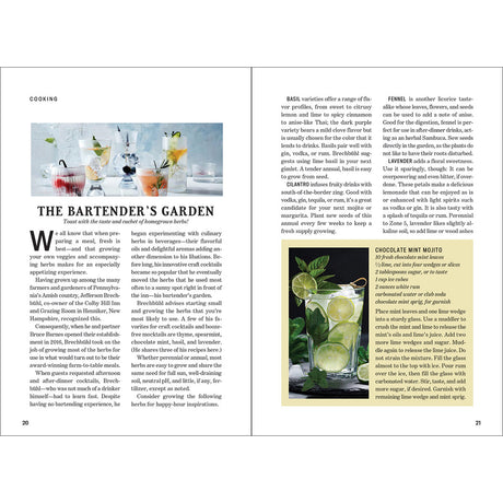 Guide to Herbs interior page "The Bartender's Garden" with cocktail recipe and images on a white background