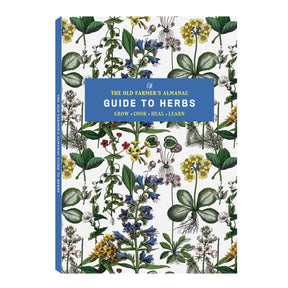 Book cover of 'The Old Farmer's Almanac Guide to Herbs' with botanical illustrations on a white background.