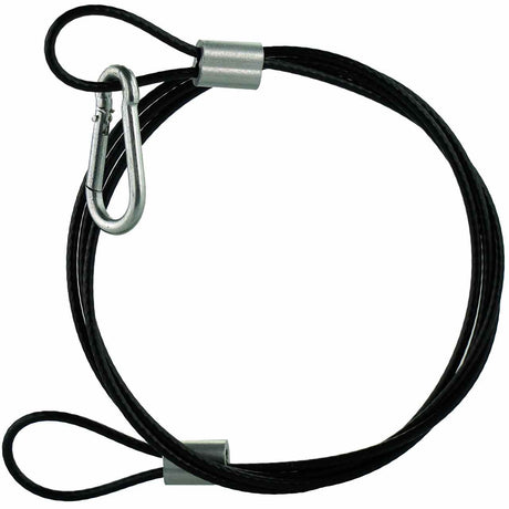 Black cable with metal carabiner on a white background