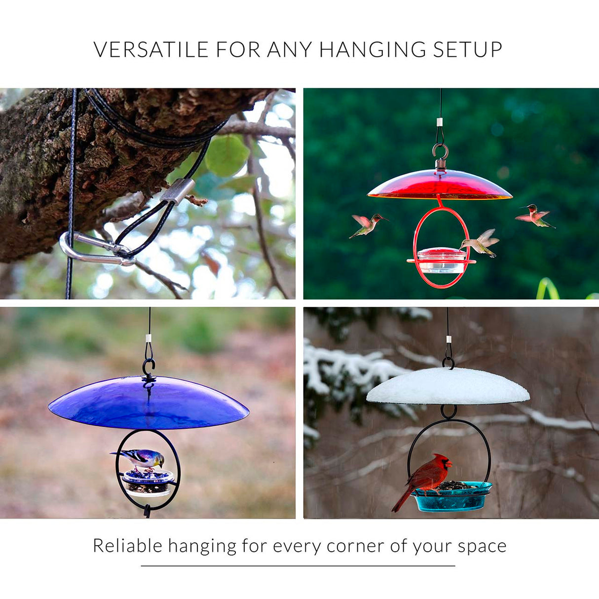 Bird feeders in various colors hanging from trees with text 'Versatile for any hanging setup - reliable hanging for every corner of your space'