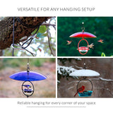 Bird feeders in various colors hanging from trees with text 'Versatile for any hanging setup - reliable hanging for every corner of your space'
