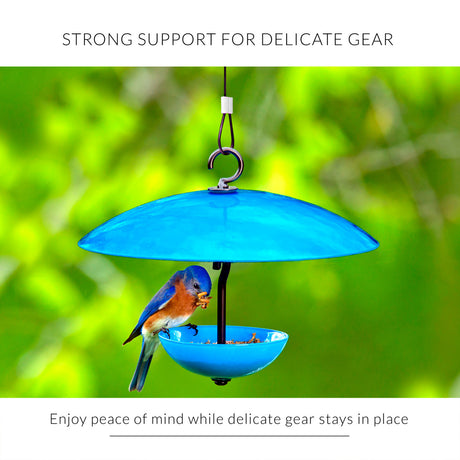 Blue bird feeder with a bird perched on it against a green blurred background with the text "Strong Support for Delicate Gear - Enjoy peace of mind while delicate gear stays in place"