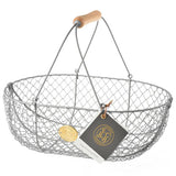 the large harvest basket with gray metal body and wooden handle and manufacturer tag