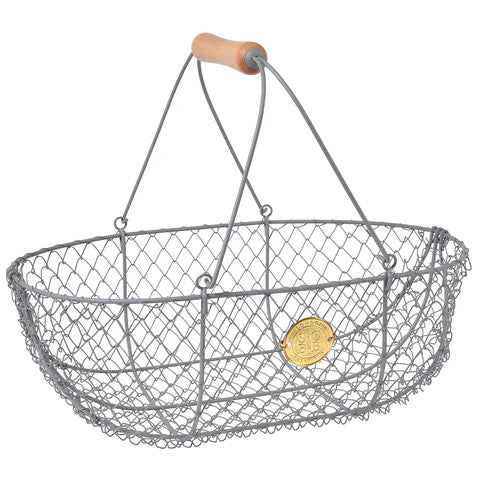 the large harvest basket with gray metal body and wooden handle