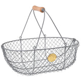 the large harvest basket with gray metal body and wooden handle