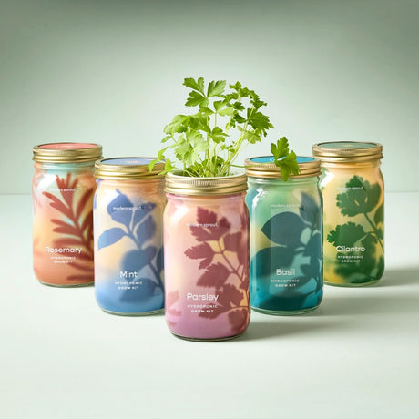 Set of colorful herb grow jars with plant labels on a light background