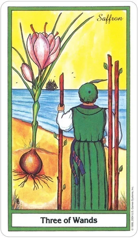 Three of Wands tarot card illustration for the Herbal Tarot deck featuring herbs and esoteric symbols