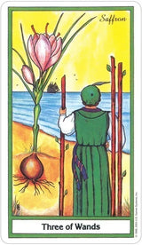 Three of Wands tarot card illustration for the Herbal Tarot deck featuring herbs and esoteric symbols