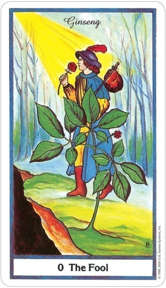 The Fool tarot card illustration for the Herbal Tarot deck featuring herbs and esoteric symbols
