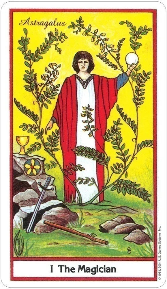 The Magician tarot card illustration for the Herbal Tarot deck featuring herbs and esoteric symbols