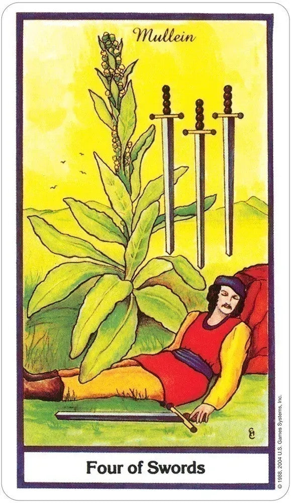 Four of Swords tarot card illustration for the Herbal Tarot deck featuring herbs and esoteric symbols