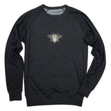 Dark gray sweatshirt with a white bee logo on a white background