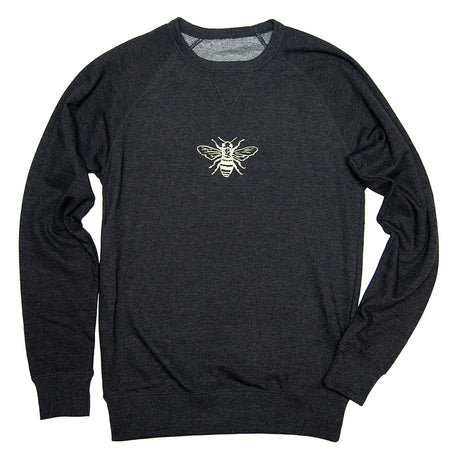 Dark gray sweatshirt with a white bee logo on a white background