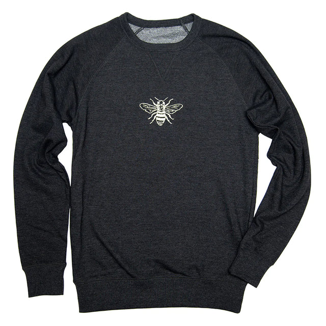 Dark gray sweatshirt with a white bee logo on a white background