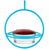 the Aqua hummingbird feeder against a white background - aqua globe shape with a clear glass feeder in the center with red glass lid