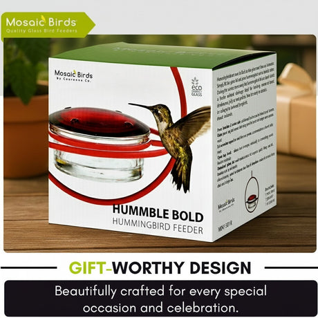 Box of Mosaic Birds Humble Bold Hummingbird Feeder on a wooden surface with text about gift-worthy design.